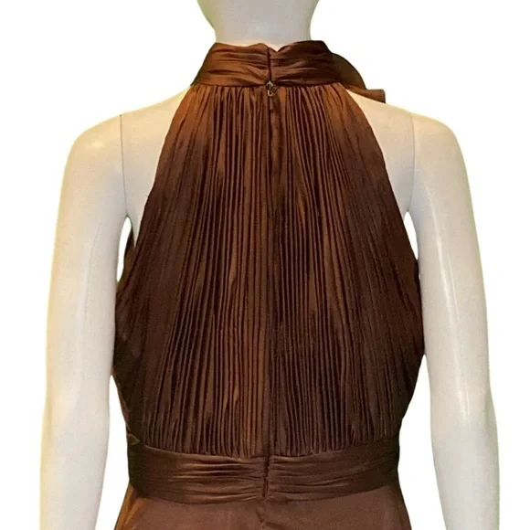 NWT Mac Duggal 49488 Brown Halter Neck Flower Detail Ruffled Midi Dress - Sz 8